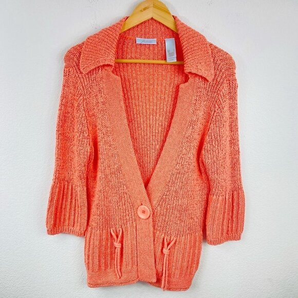 JH Collectibles Single Button 3/4 Flutter Sleeve Knit Sweater Cardigan Peach L - Picture 1 of 7